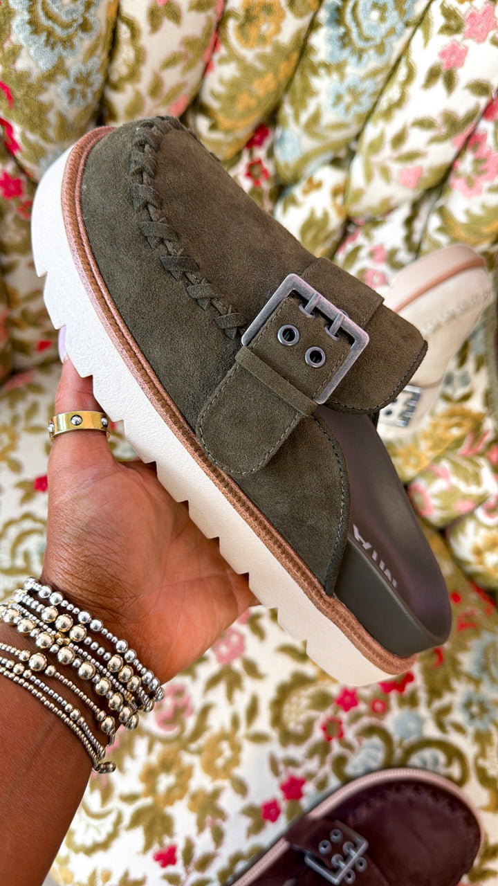 Zamara Suede Buckle Clog, Olive