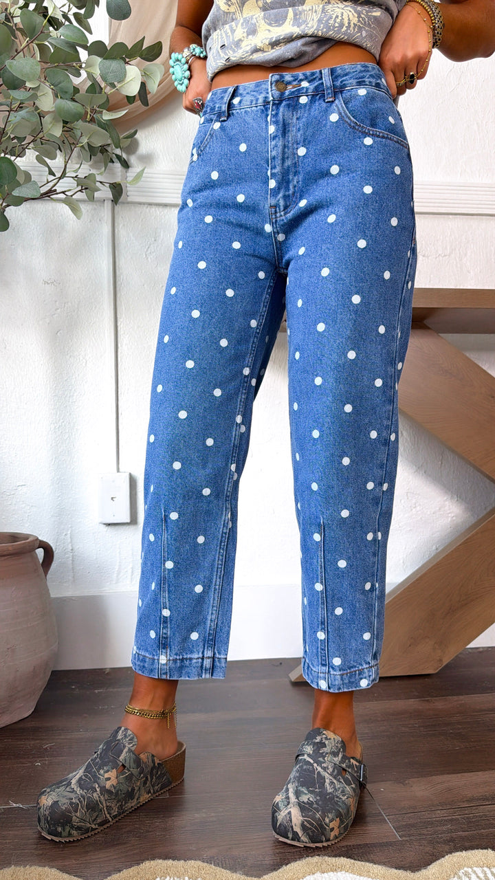 Polka Dot Denim Straight Leg Pants, Medium
