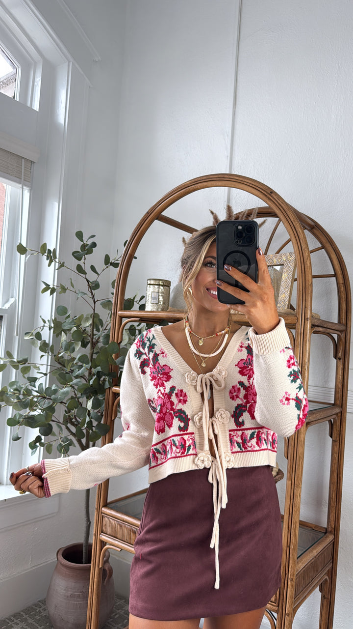 RoseAnn Knit Cardigan, Ivory/Red Floral
