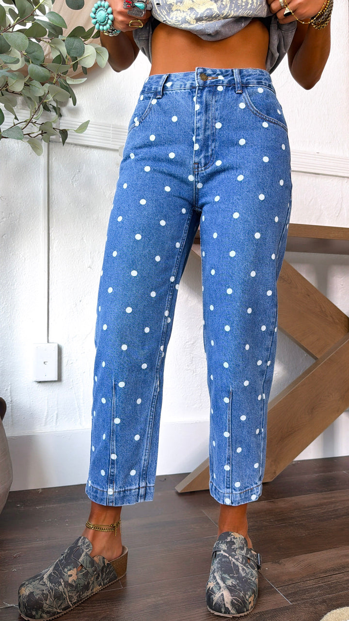 Polka Dot Denim Straight Leg Pants, Medium
