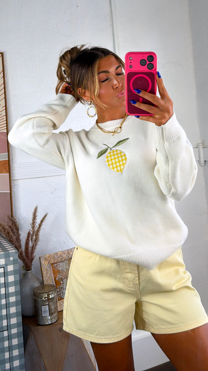 Gingham Lemon Sweater, Cream