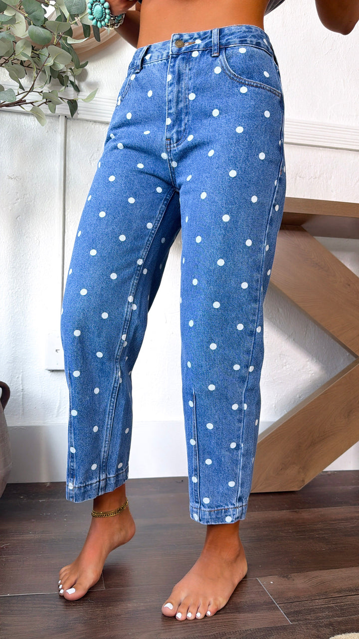 Polka Dot Denim Straight Leg Pants, Medium