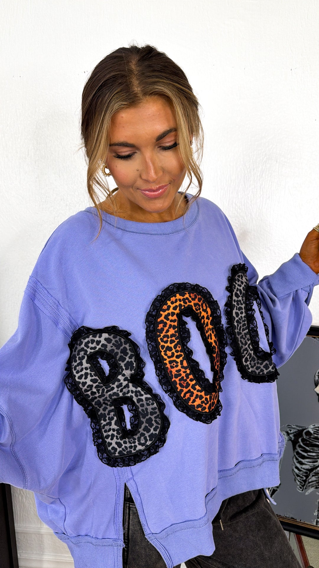 Leopard Boo & Lace Sweatshirt, Dusty Violet