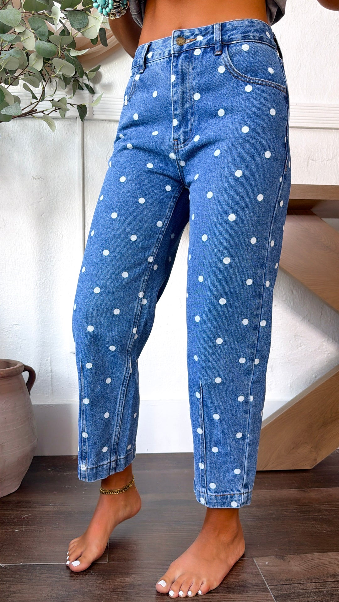 Polka Dot Denim Straight Leg Pants, Medium