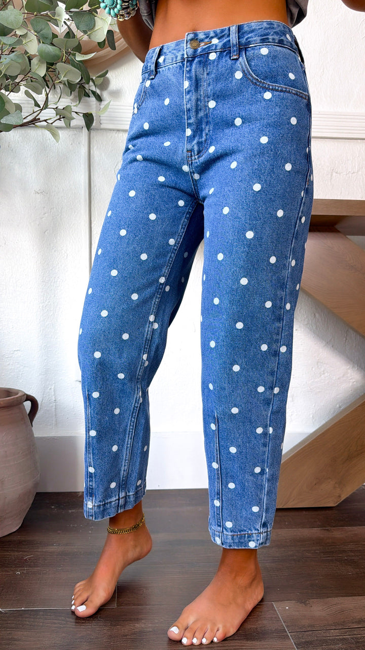 Polka Dot Denim Straight Leg Pants, Medium