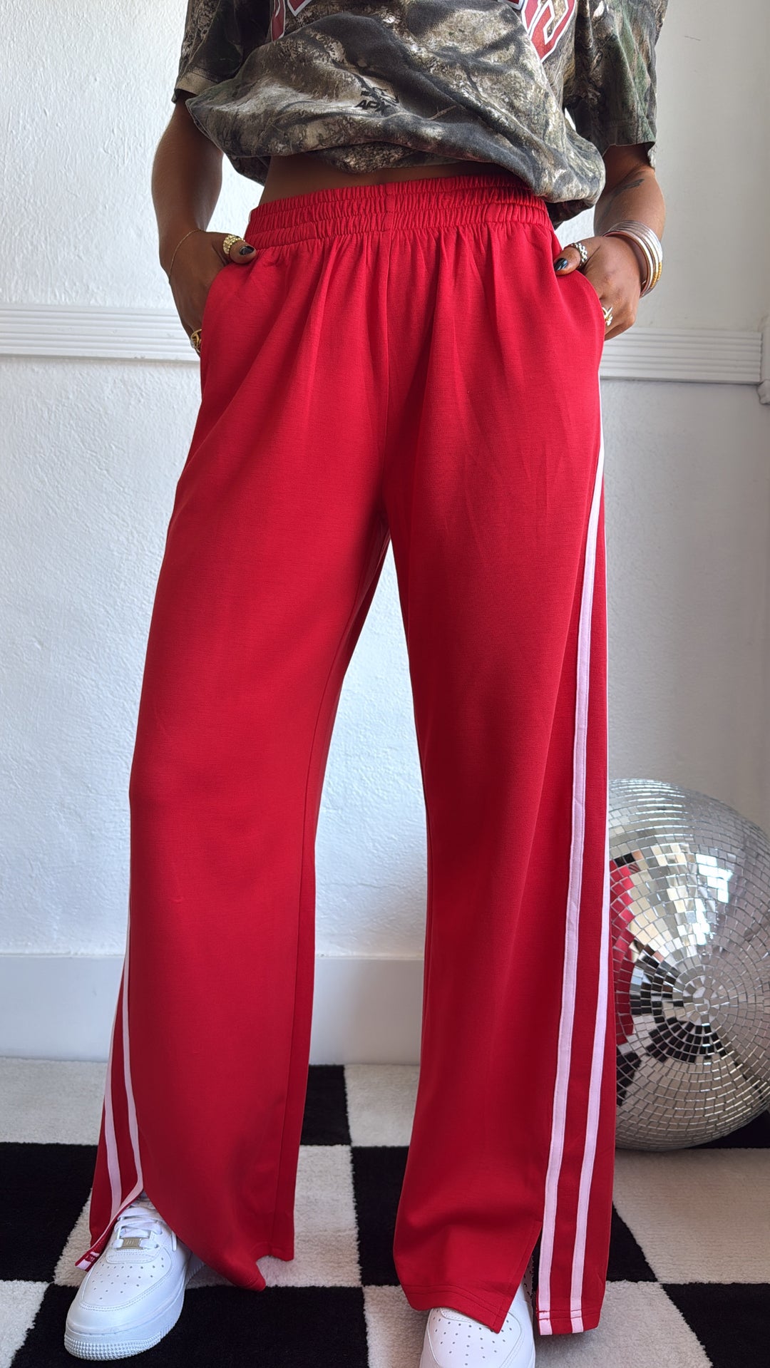 On Edge Stripe Wide Leg Track Sweatpants, Red