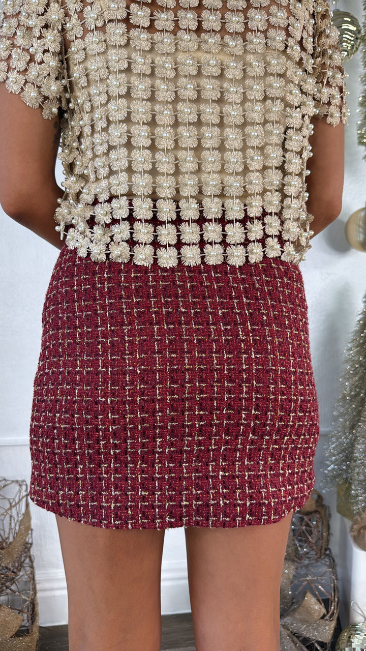 All Things Glisten Tweed Skirt , Wine