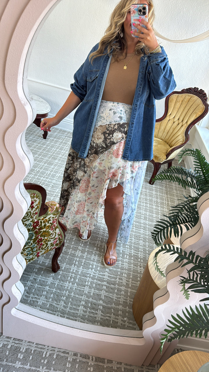 All Mine Mix Print Chiffon Ruffle Maxi Skirt