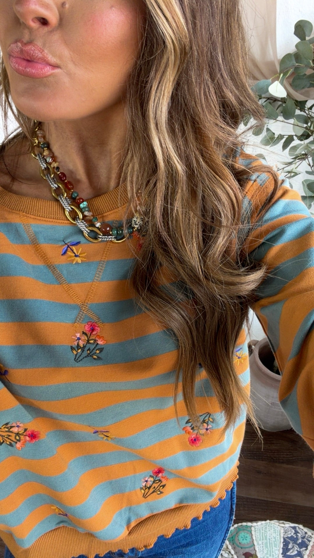 Brushwood Embroidered Sweatshirt, Pumpkin/ Teal