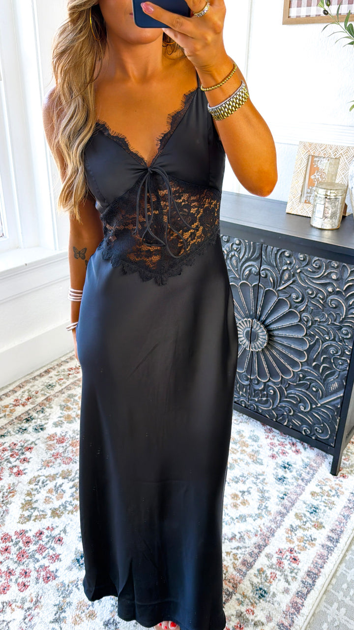 Zevrea Satin Lace Dress, Black
