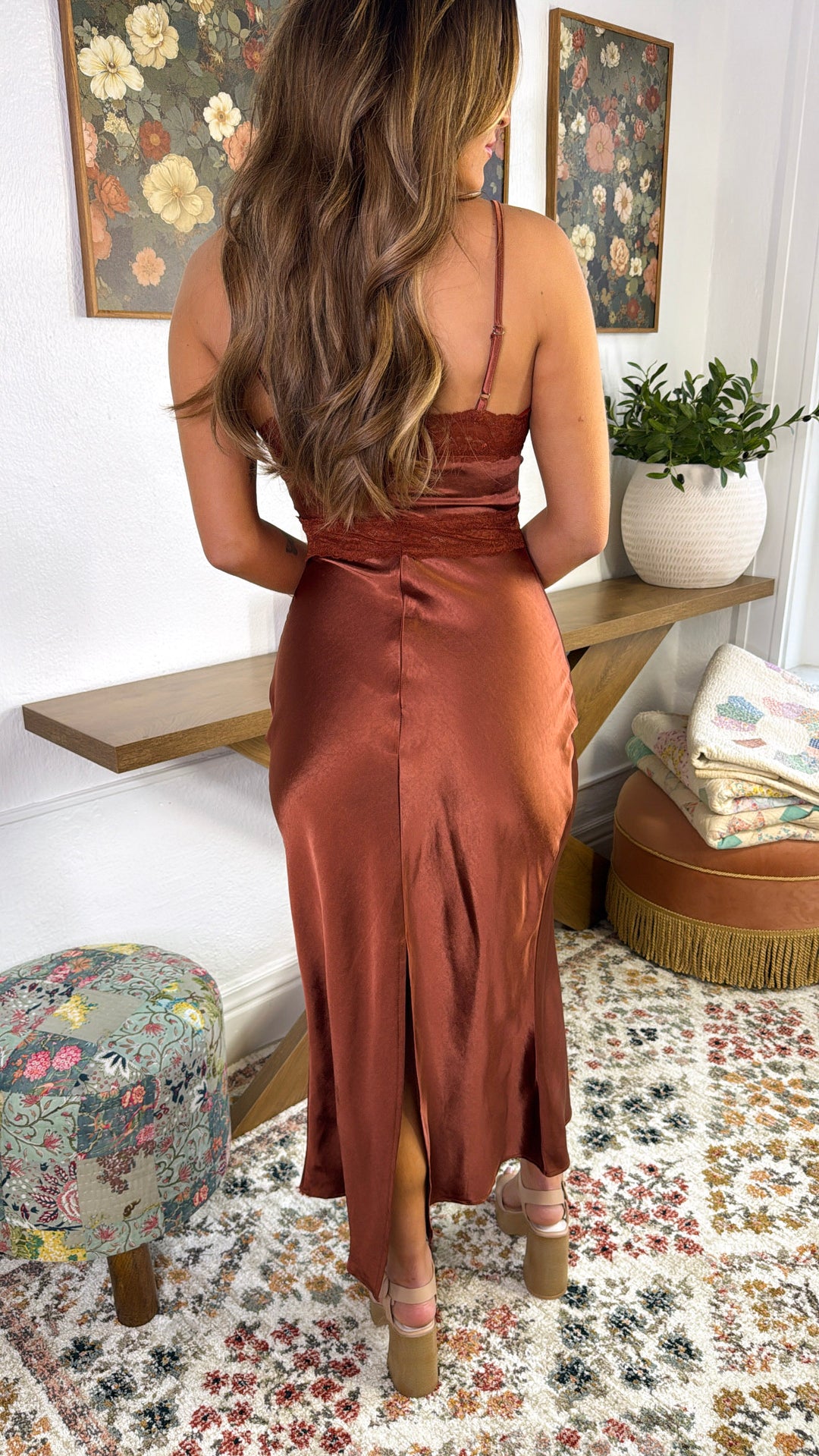 Rosewater Satin Midi Dress, Copper
