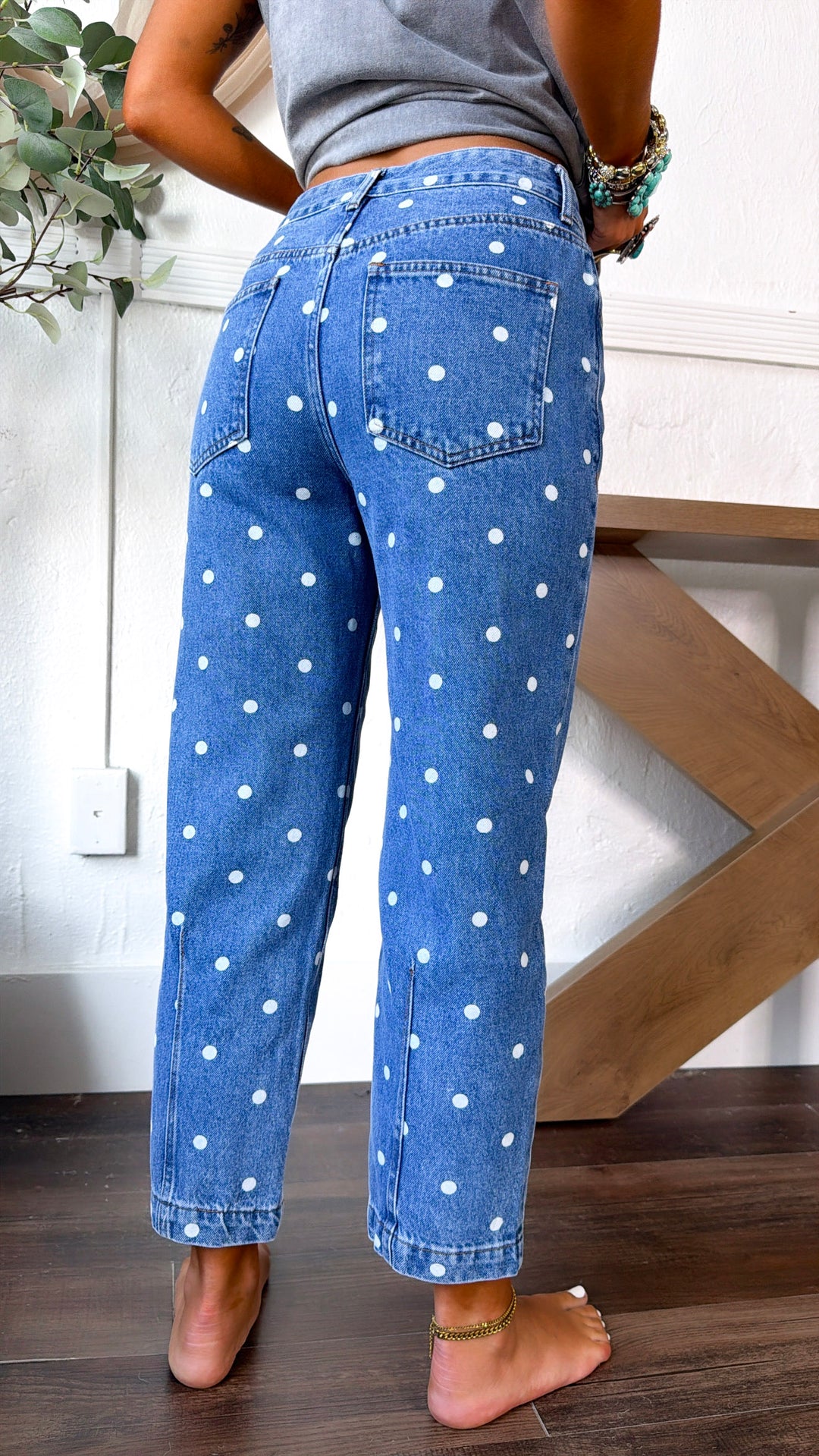 Polka Dot Denim Straight Leg Pants, Medium