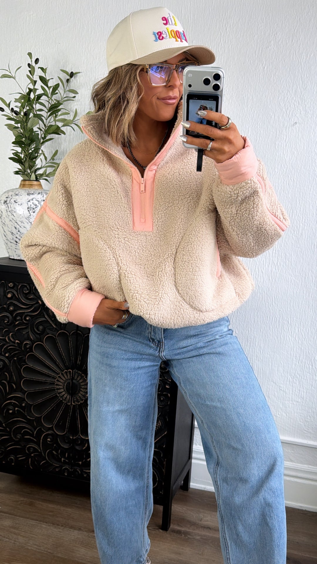 The Summit Quarter Zip Sherpa, Taupe/Coral