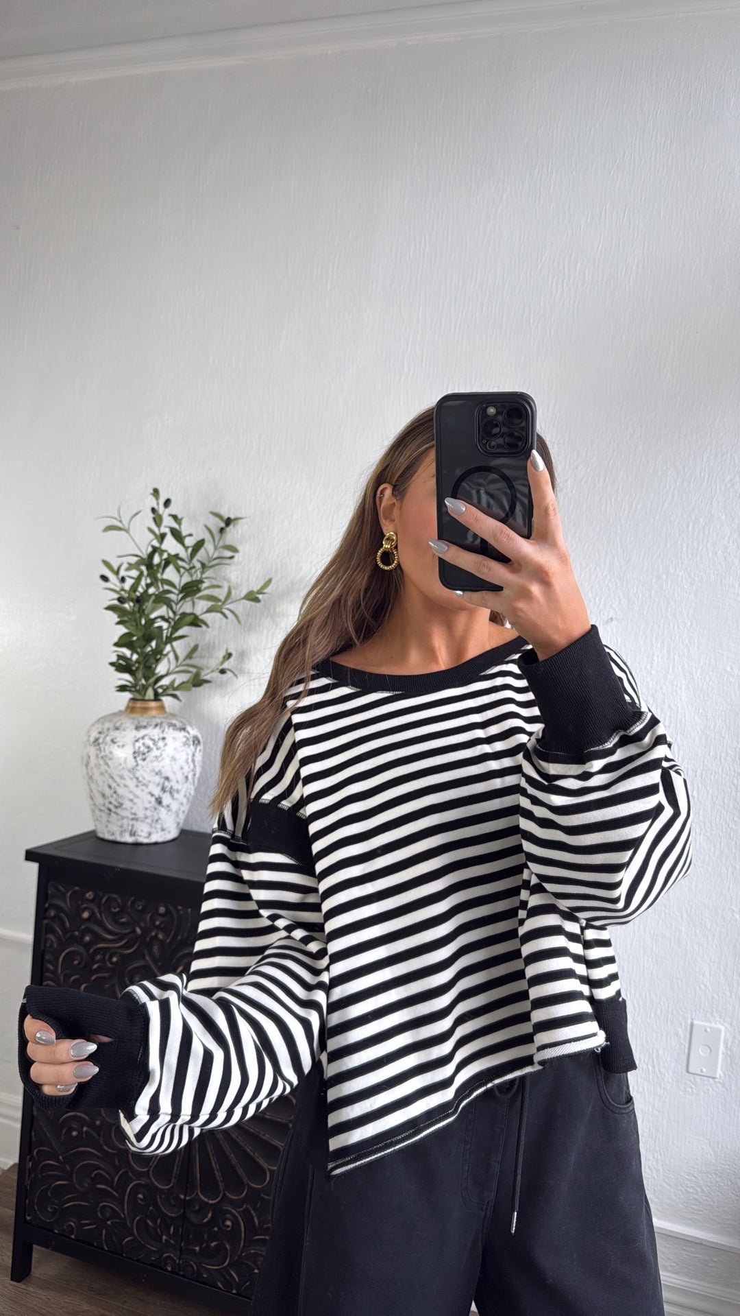 All About Balance Striped Top, Black/Ivory
