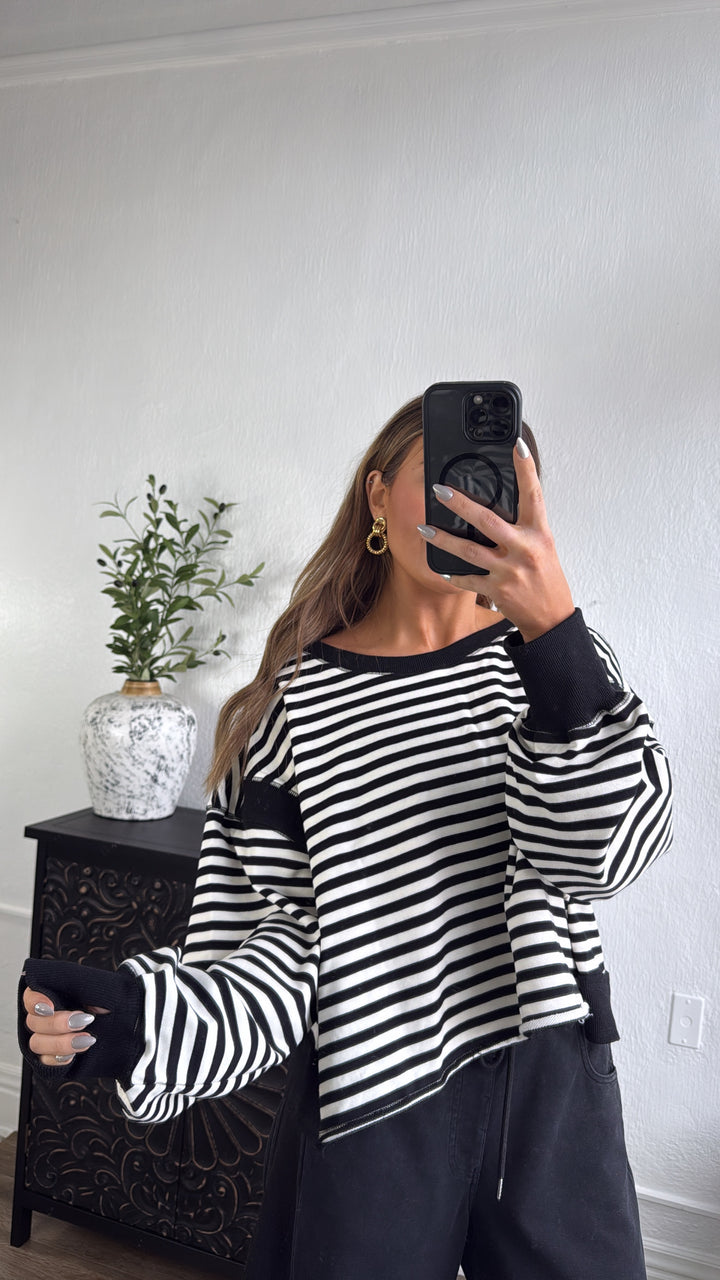 All About Balance Striped Top, Black/Ivory