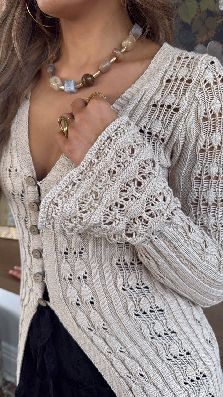 Rustic Rose Knit Long Cardigan, Taupe