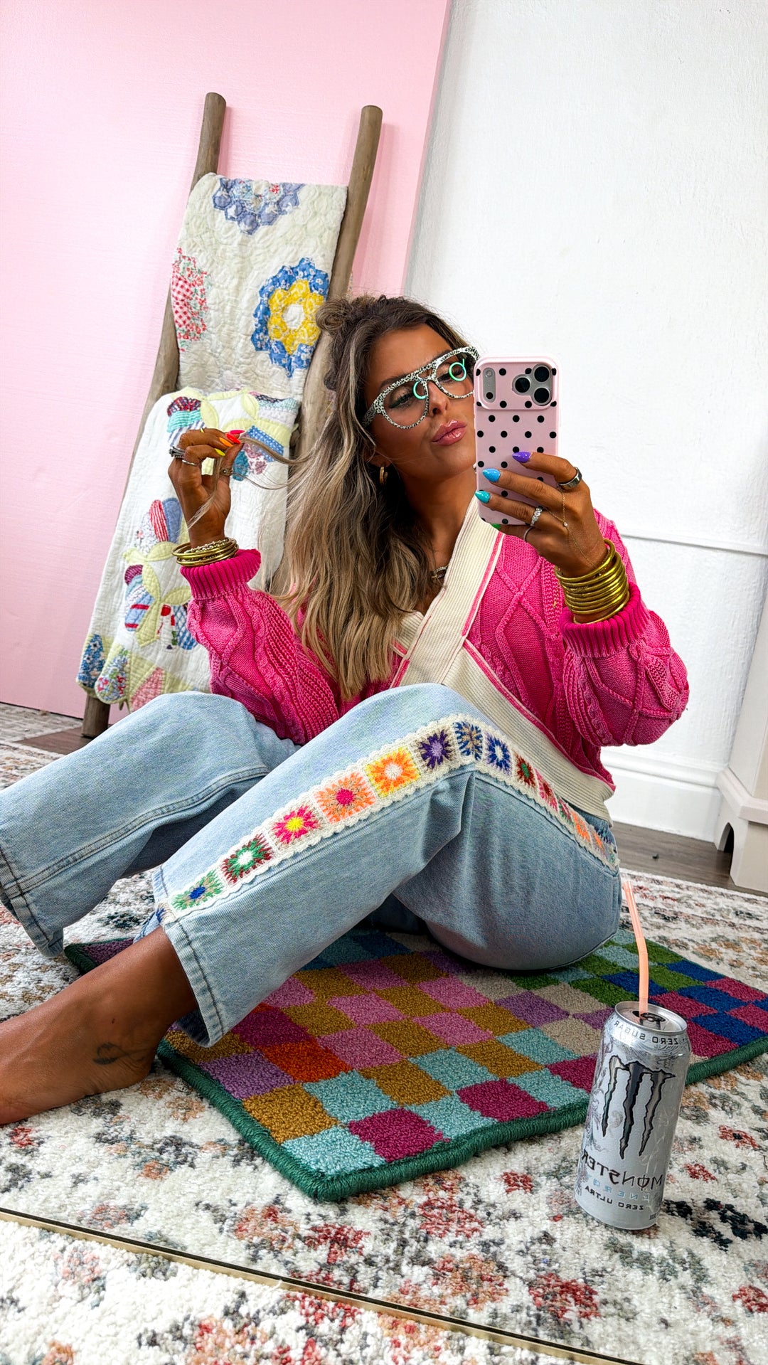 Granny Square Detail Pants, Denim