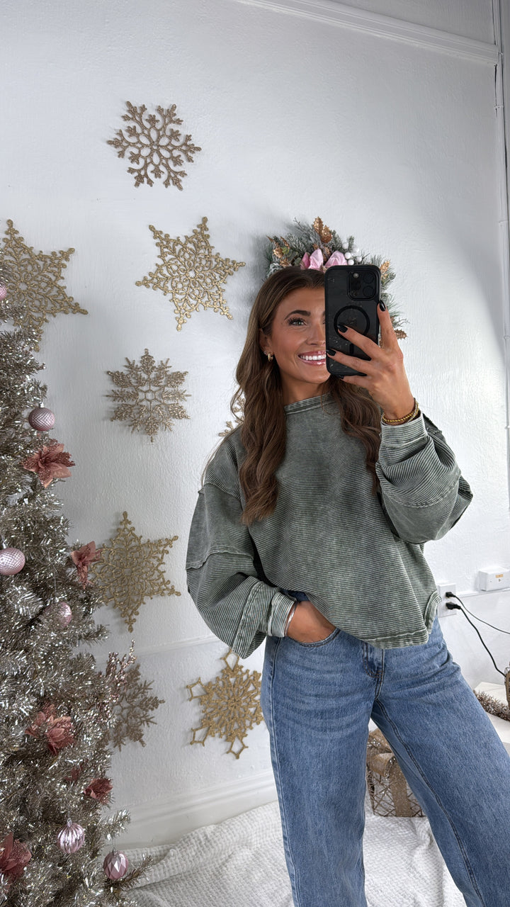 DOORBUSTER: Acid Washed Ribbed Cropped Pullover, DK Olive