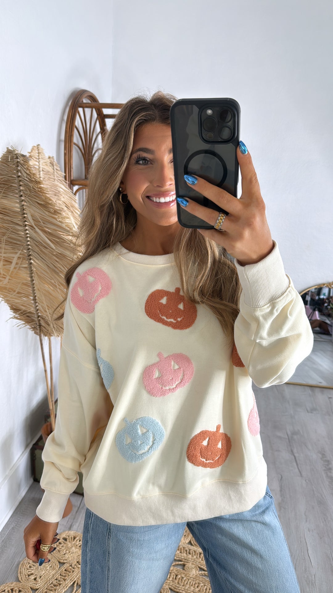 Oversized Pumpkin Embroidered Sweater, Ivory