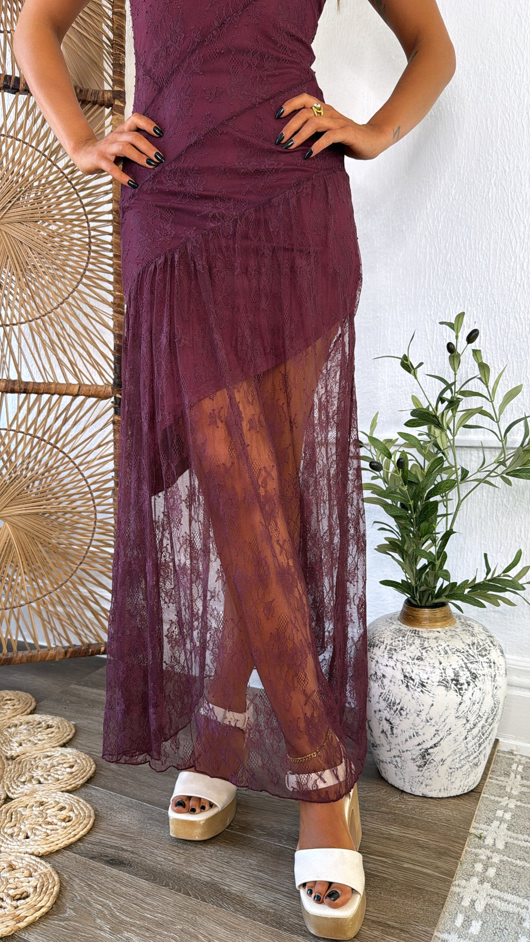 Moonlit Lace Maxi Dress, Merlot