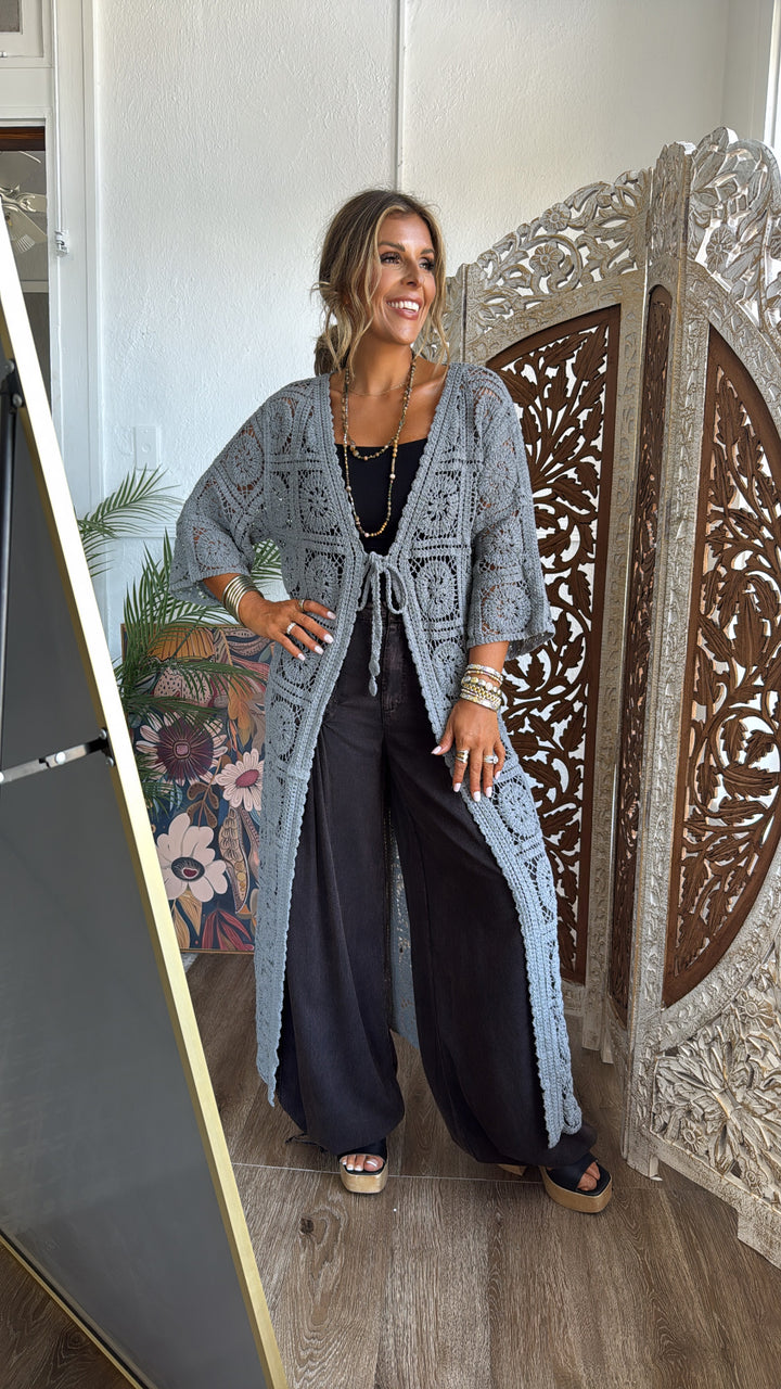 Something Light Crochet Tie Cardigan, Stone Grey