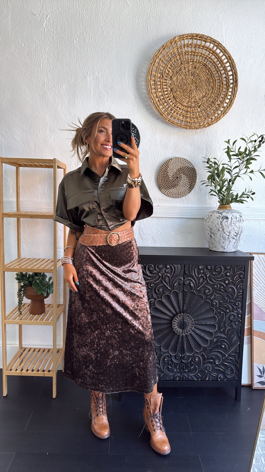 Toasted Fig Velvet Midi Skirt, Brown
