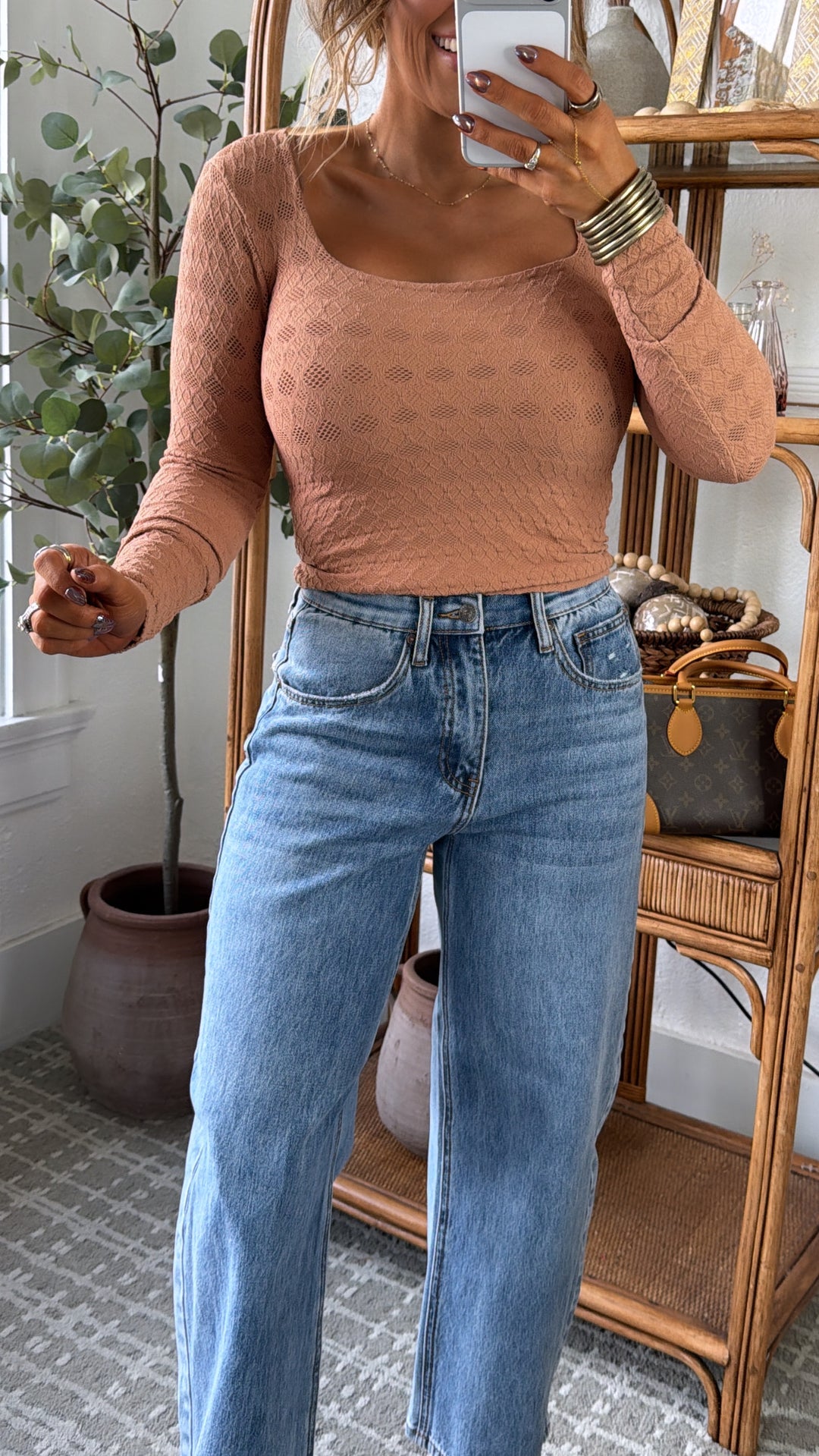 Lace Texture Square Neck Top, Mocha Muse