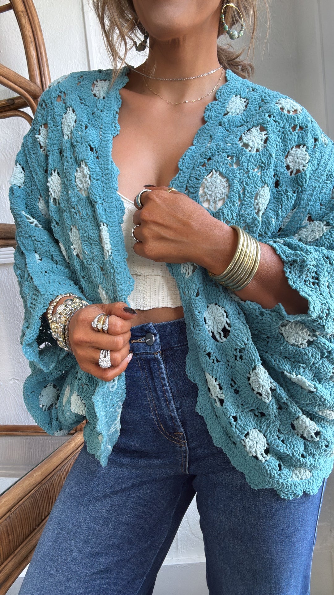 Harvest Drape Cardigan, Teal Blue/ Cream
