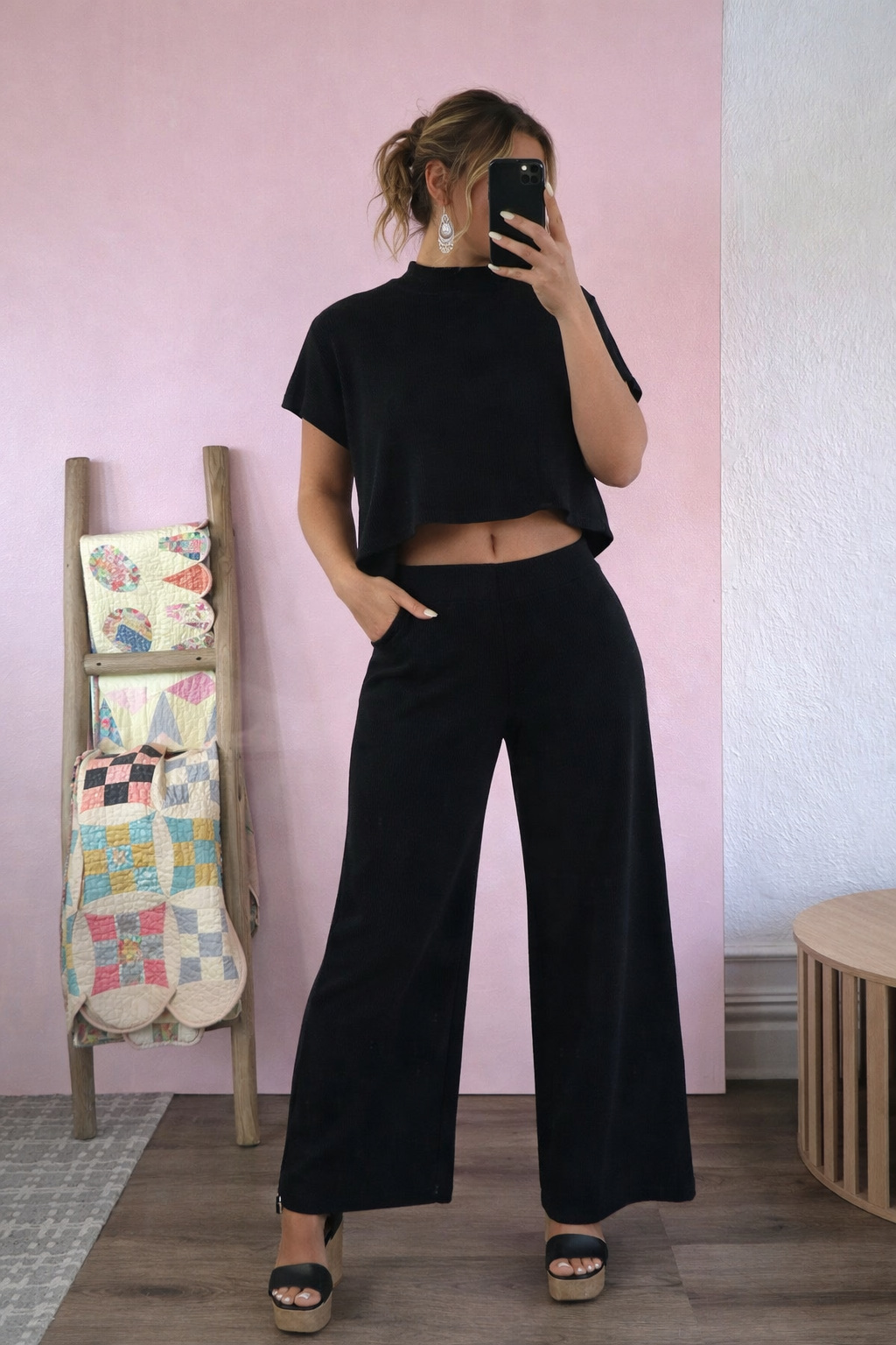 BY TOGETHER: Black Two Piece Ribbed Set