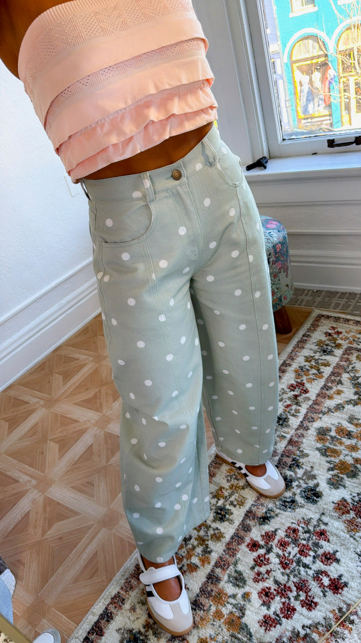 Sweet Pea Polka Dot Barrel Pants, Sage