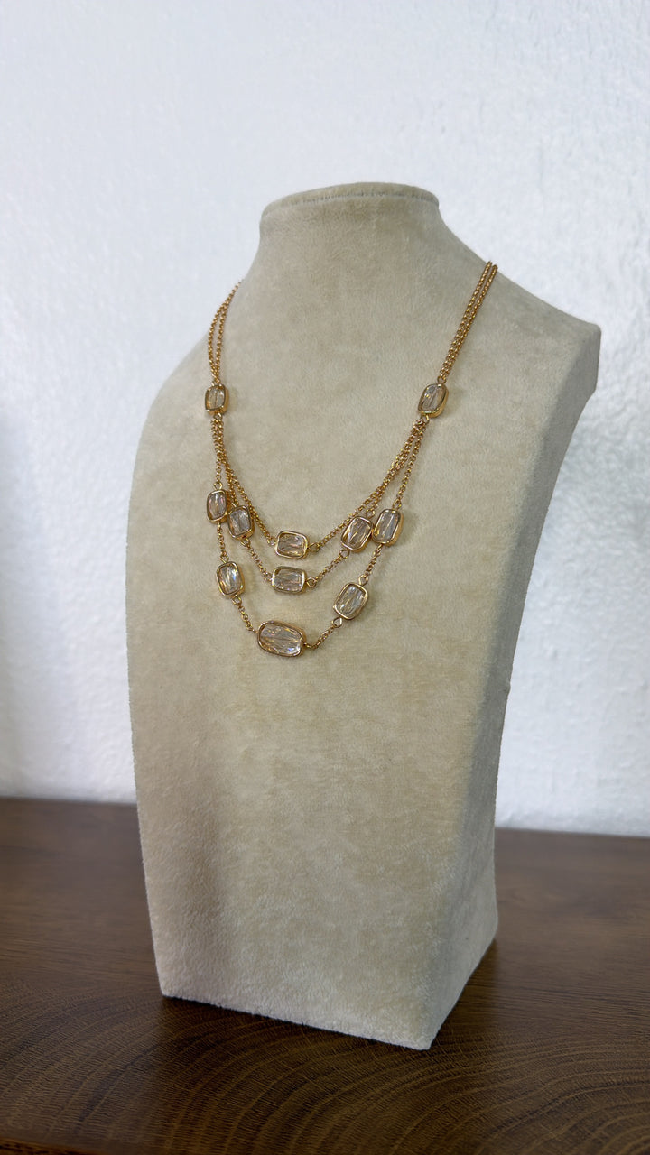 Layered Crystal Necklace, Clear/Gold