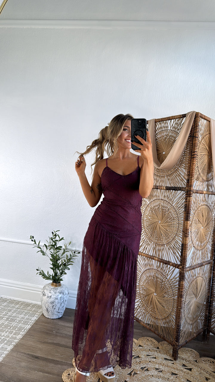 Moonlit Lace Maxi Dress, Merlot