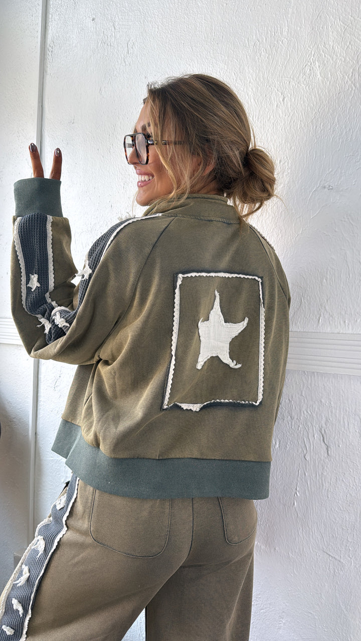 American Dream Patch Zip Up Jacket, Vintage Moss