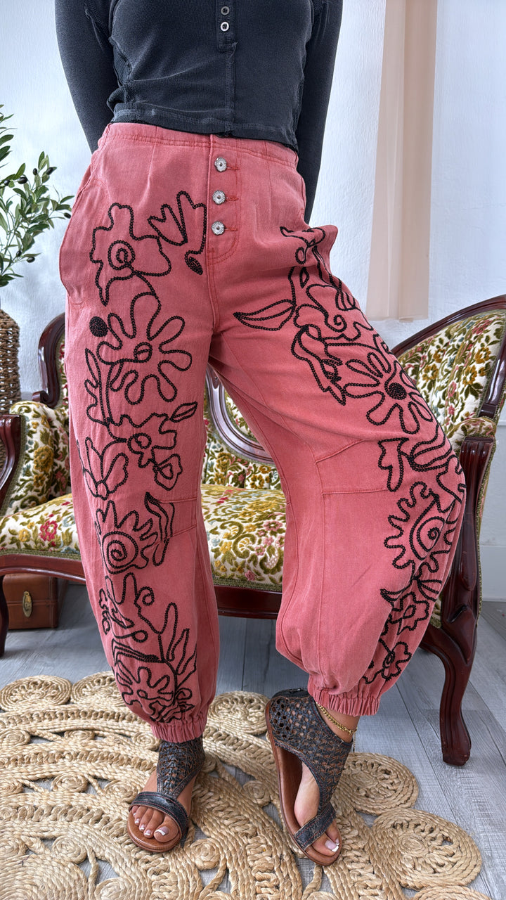 For The Love Of Floral Embroidered Denim Jogger, Dried Apple