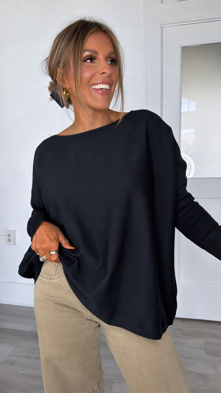 Level Up  Basic Boat Neck Sweater, Black