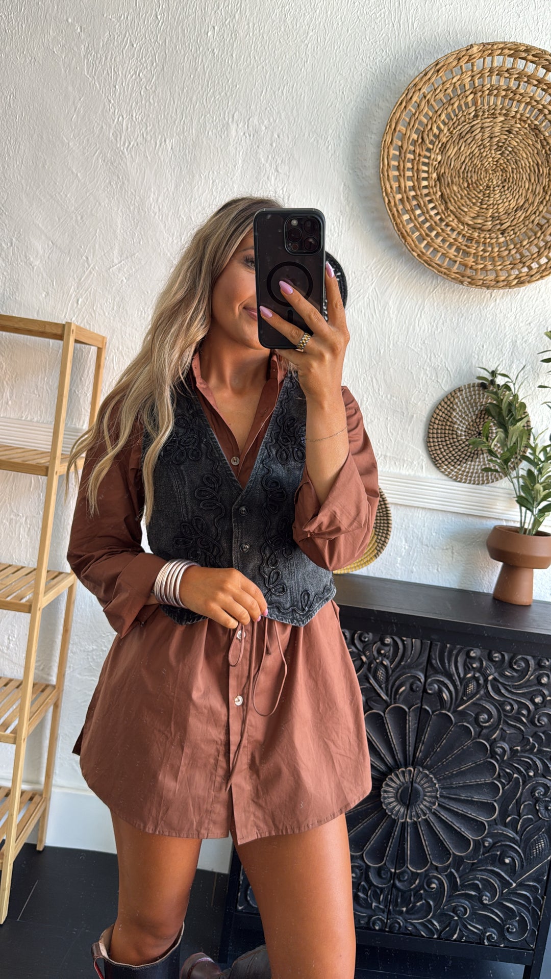 Martini Hour Button Down Romper Dress, Brown