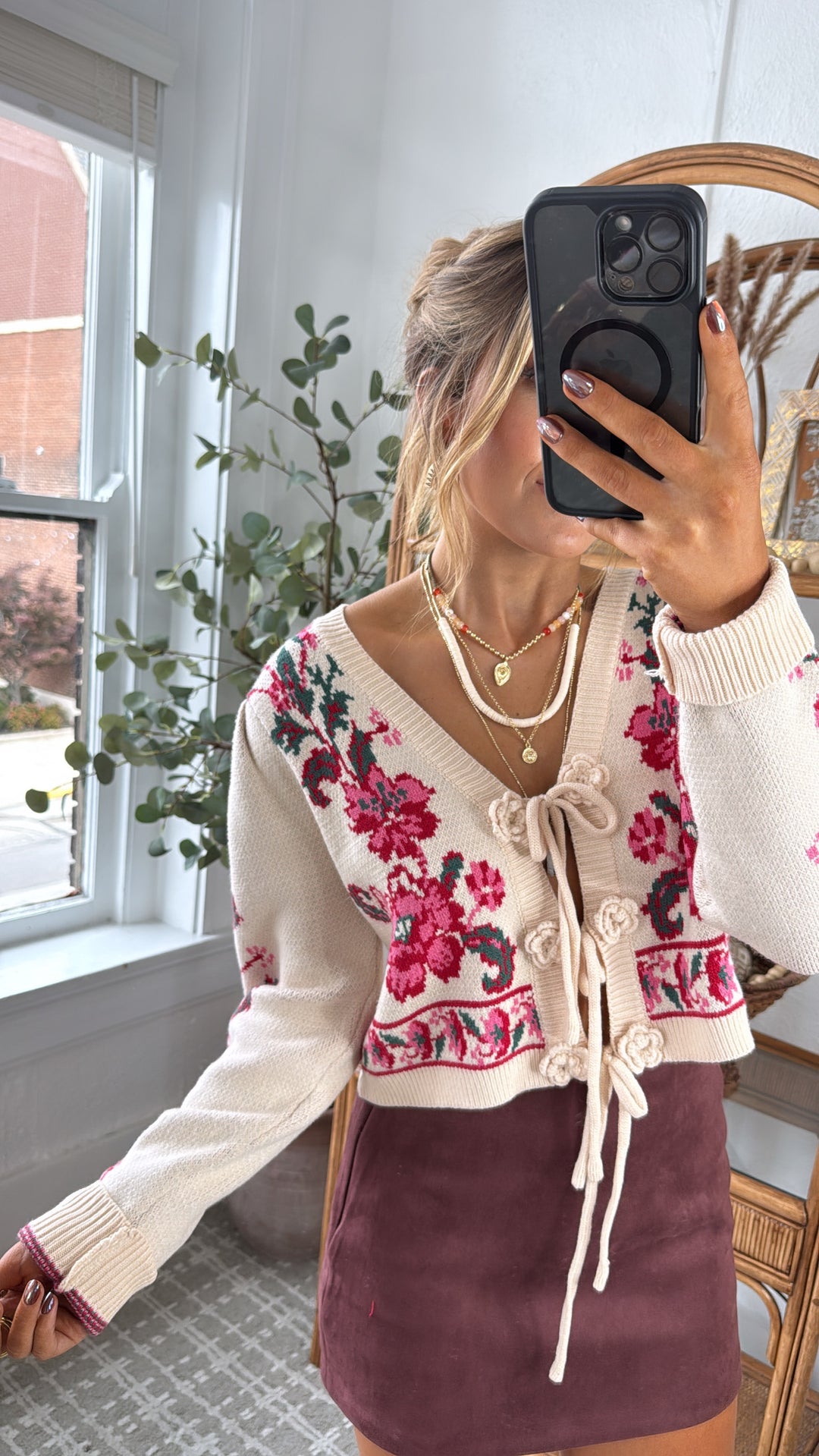 RoseAnn Knit Cardigan, Ivory/Red Floral