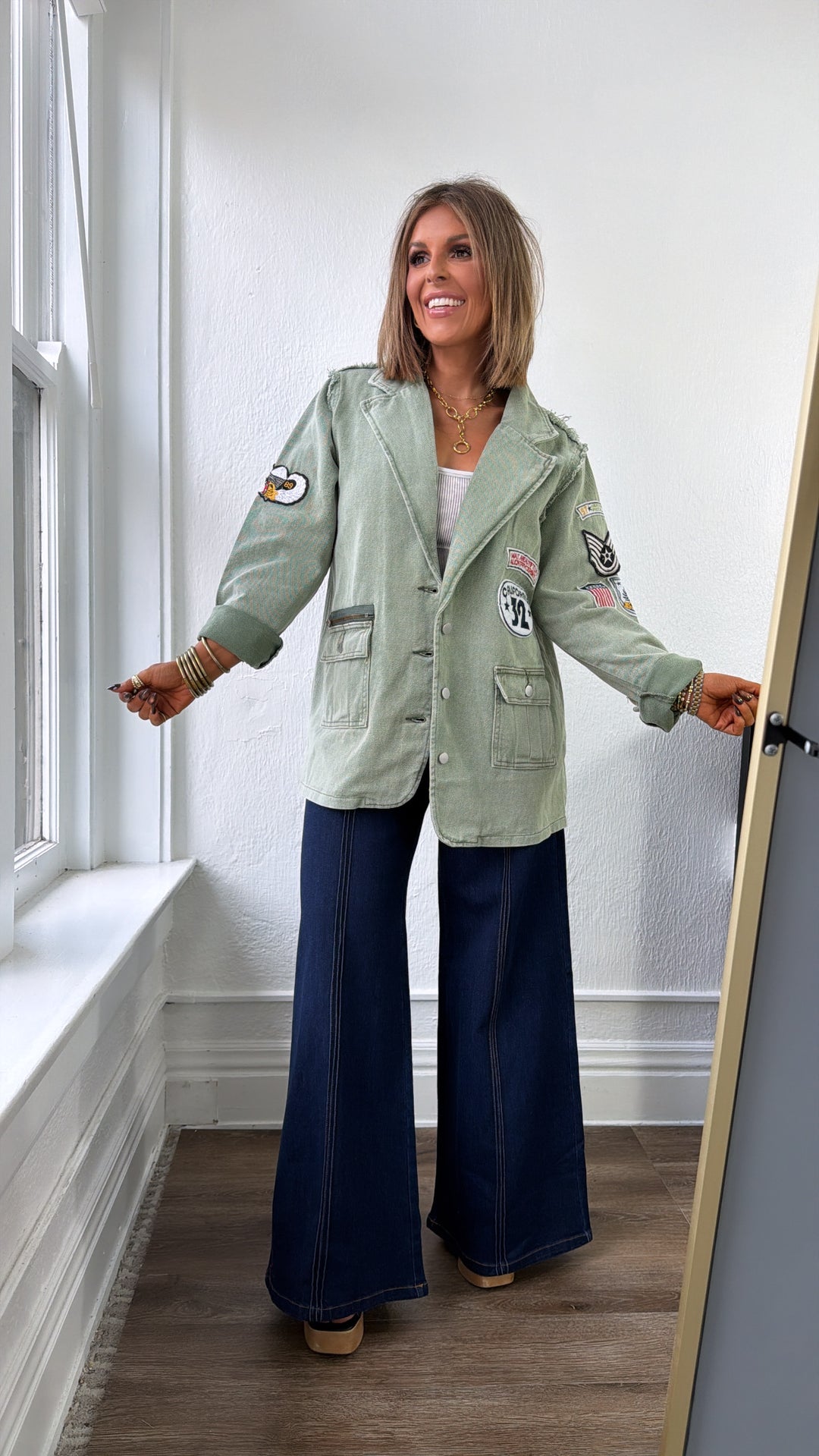 Vintage Patched Military Blazer, Powder Matcha