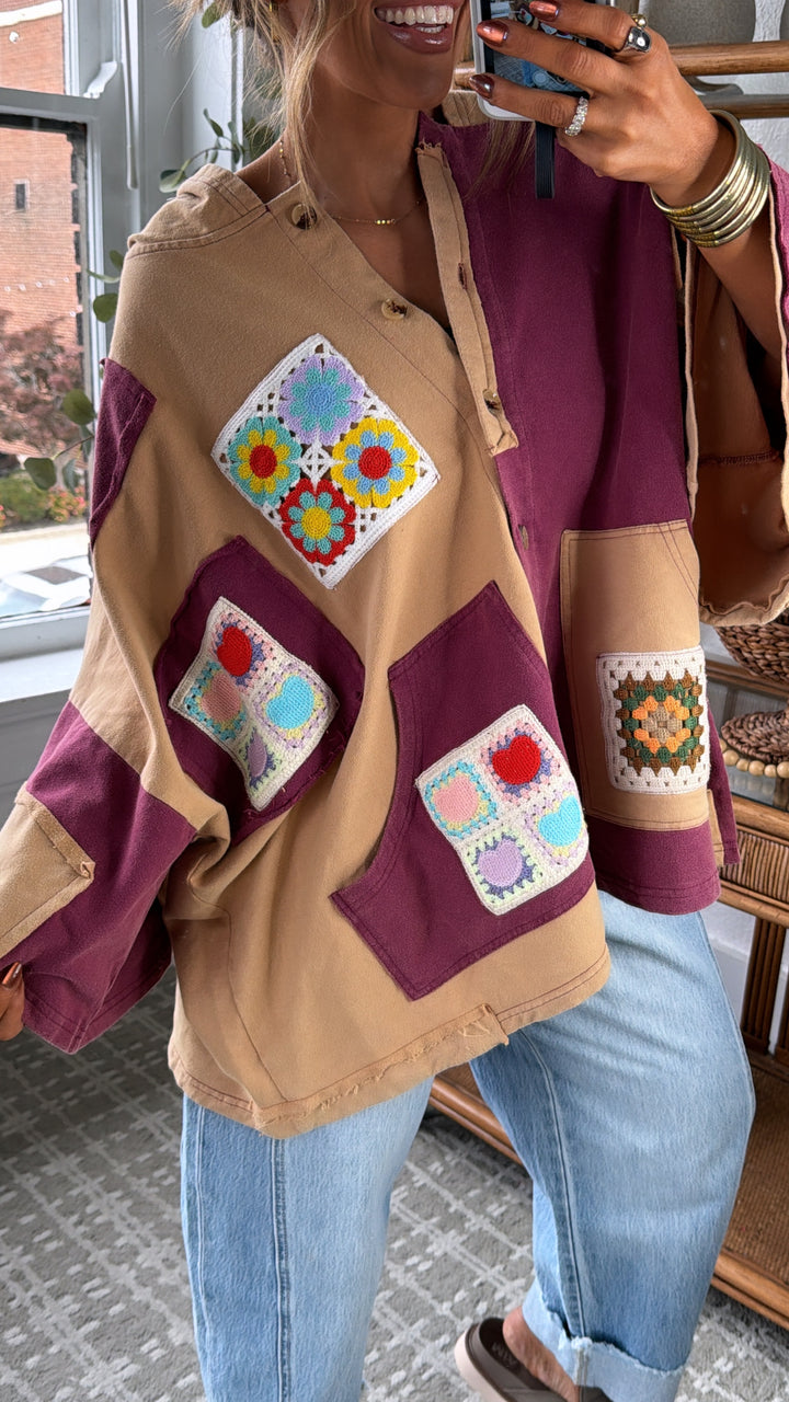 Patchwork Muse Button Up, Wine/Multi