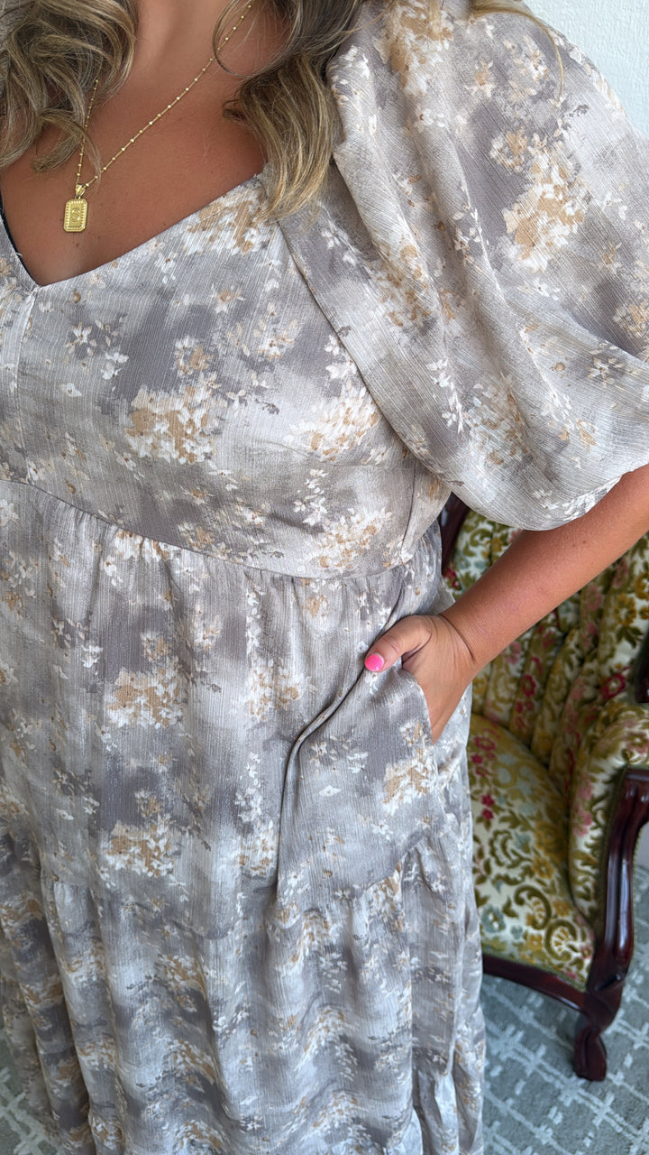 Granite Hues Whimsical Bubble Sleeve Maxi Dress, Taupe