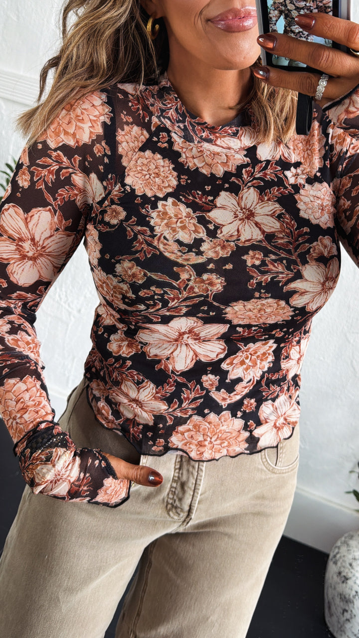 Rusted Daisy Mesh Top, Black