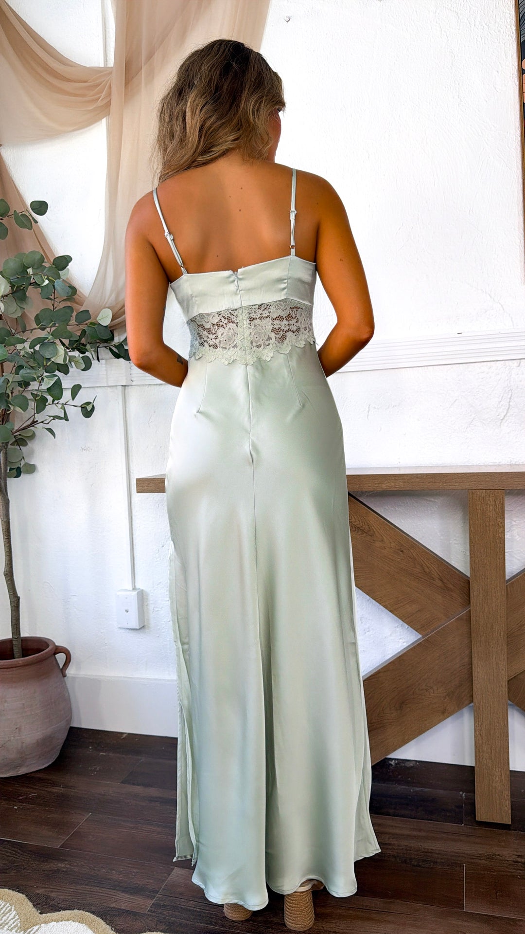 Zevrea Satin Lace Dress, Lt. Sage