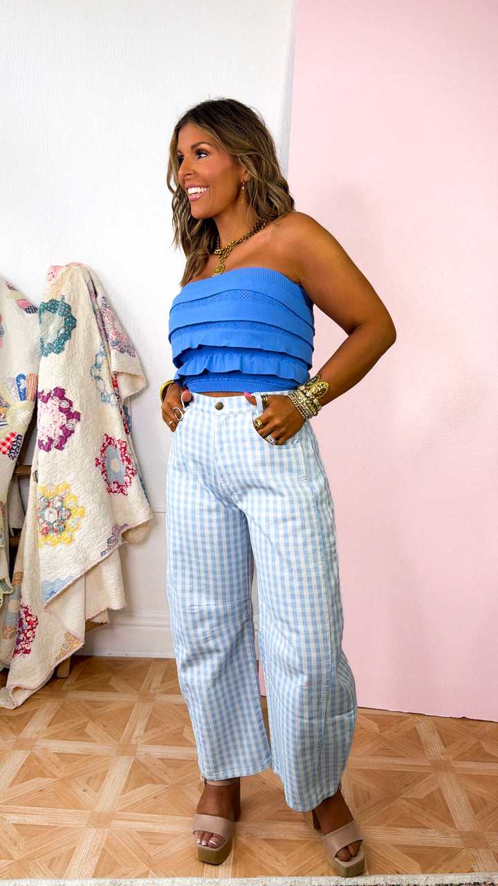 Gingham Blues Barrel Jeans, LT.Blue
