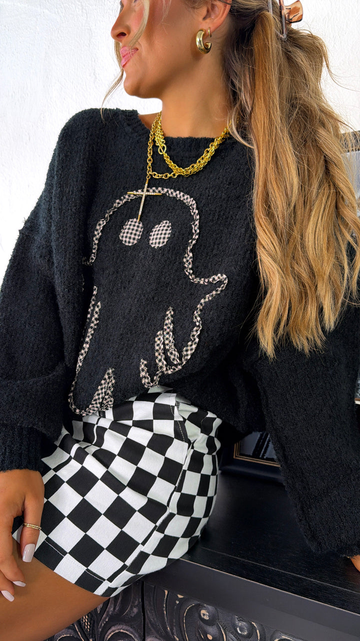 Ghostly Gingham Sweater, Black