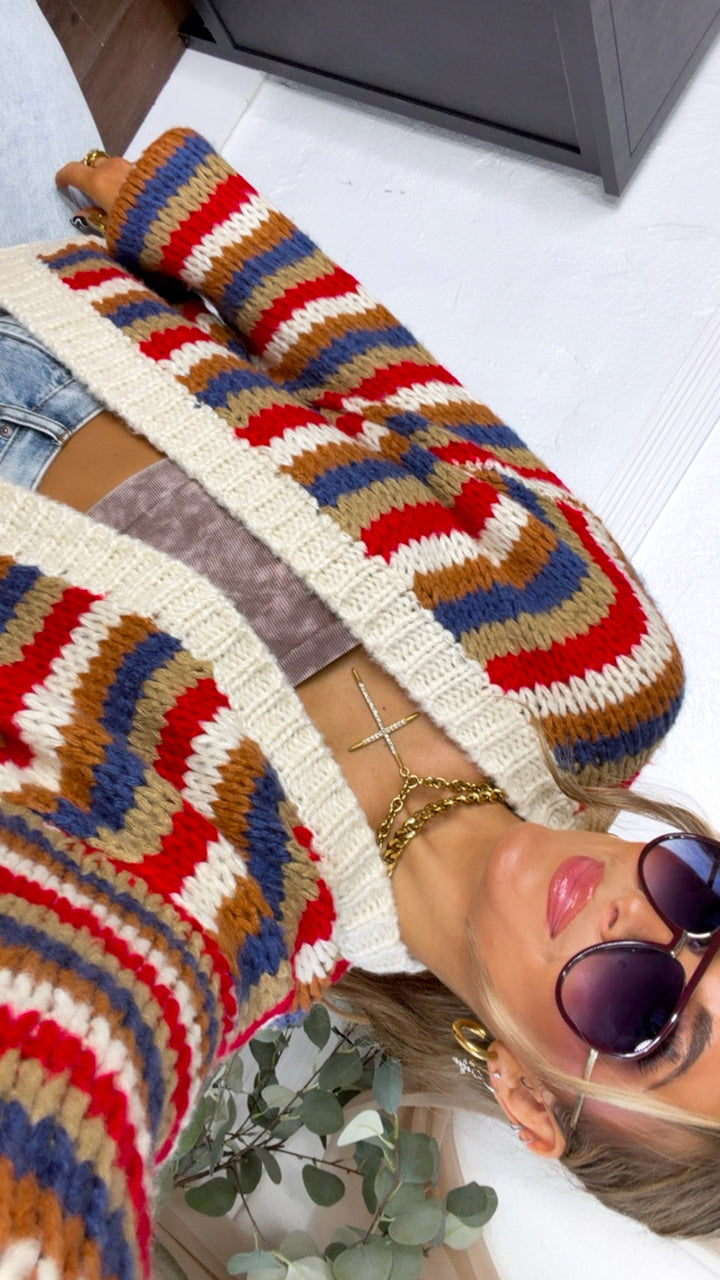 Afterglow Knit Cardigan, Cream/Navy/Red