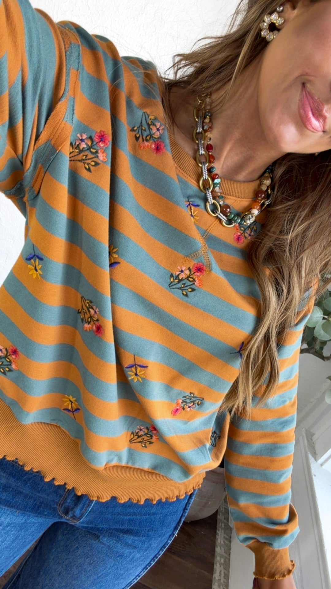 Brushwood Embroidered Sweatshirt, Pumpkin/ Teal