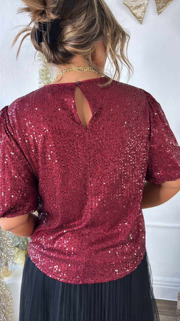 Holiday Cheer Puff Sleeve Sequin Top, Red