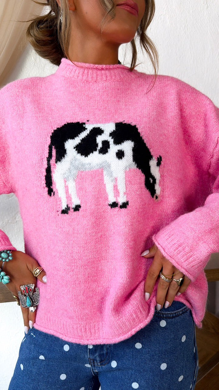 On The Farm Cow Sweater, French Pink