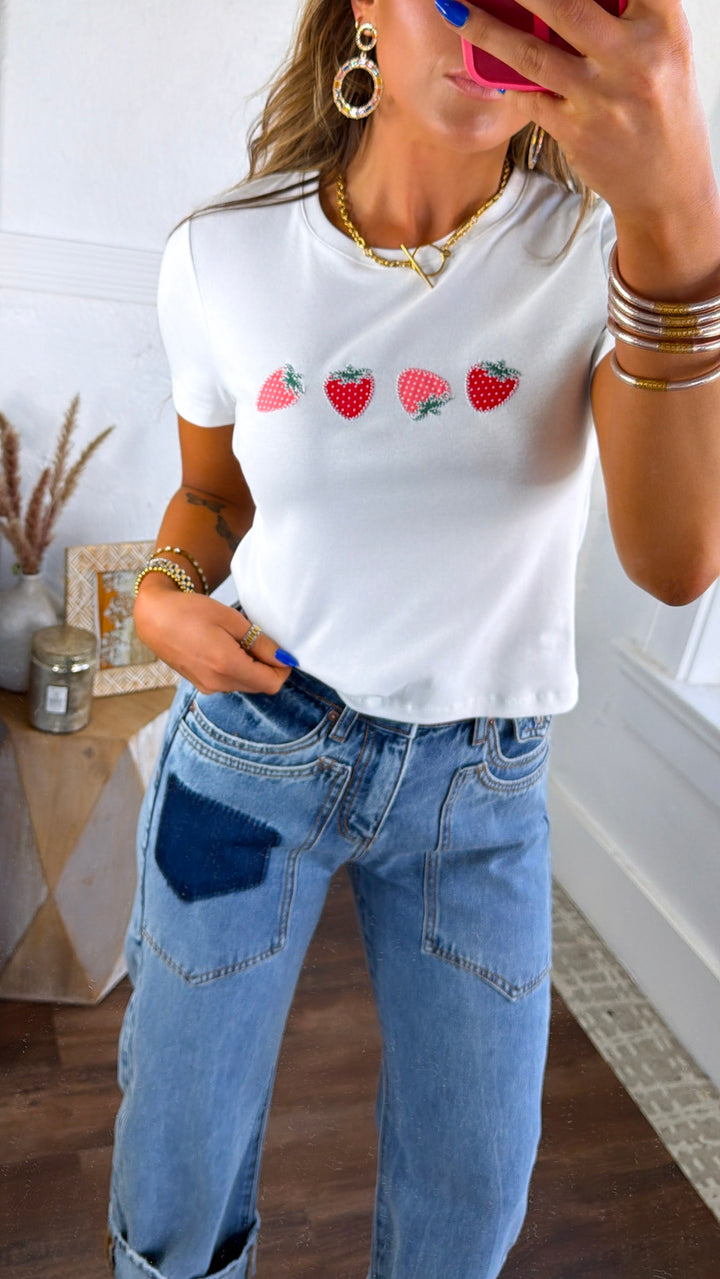 Strawberries On Top Baby Tee, White