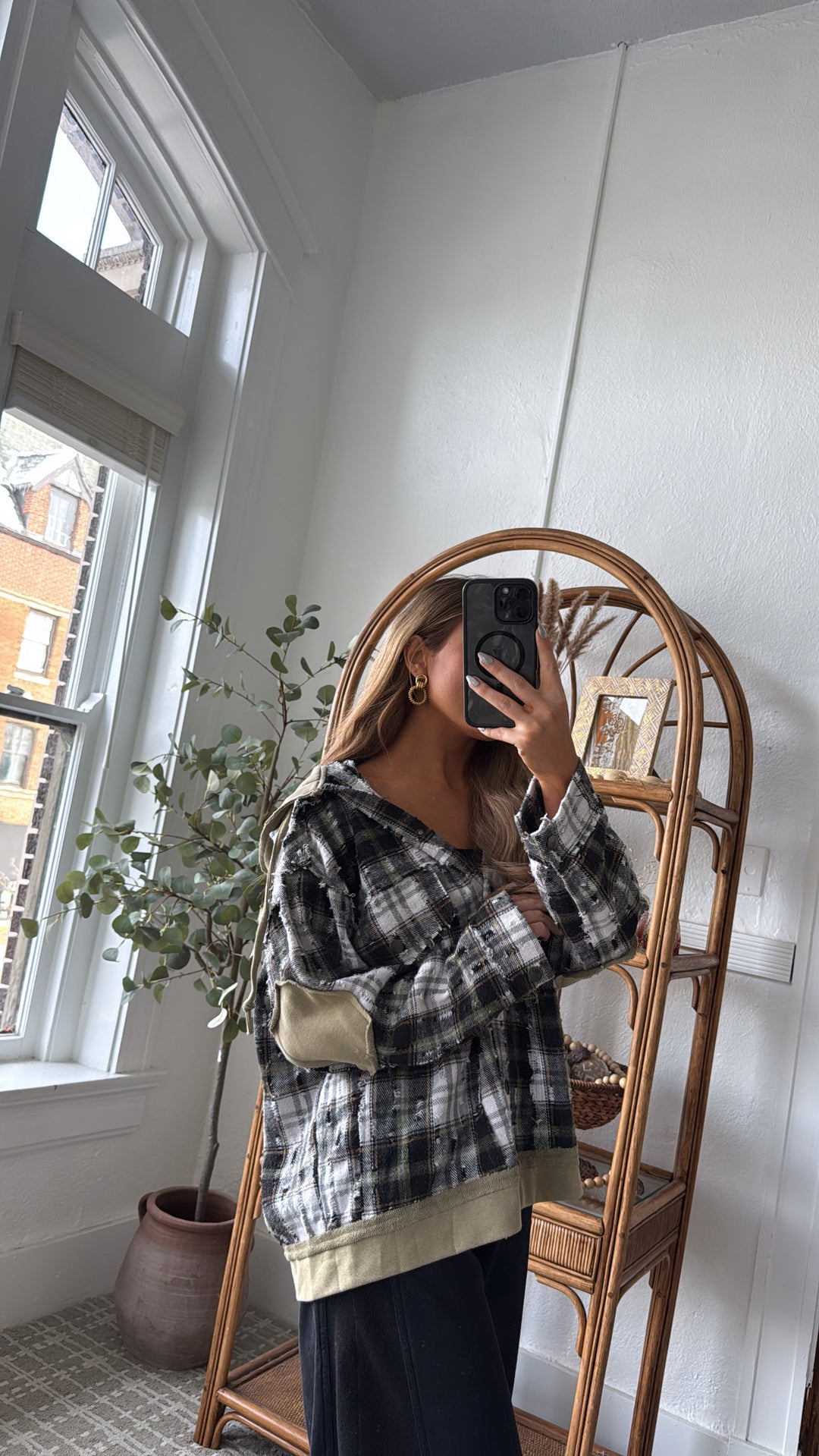 Birch Cabin Flannel Top, Olive/ Black